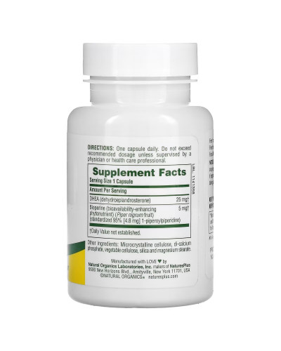 Дегидроэпиандростерон с биоперином, 25 мг, DHEA-25 With Bioperine, Natures Plus, 60 капсул