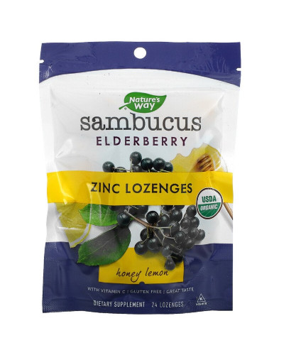 Льодяники бузини з цинком, смак меду і лимона, Sambucus, Zinc Lozenges, Honey Lemon, Nature's Way, 24 льодяника