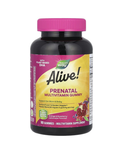 Мультивітаміни для вагітних з ДГК, смак апельсину та малини, Alive! Prenatal with Plant DHA, Nature's Way, 90 жувальних цукерок