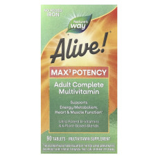 Мультивитамины повышенной эффективности без железа, Alive! Max3 Potency Multivitamin, No Added Iron, Nature's Way, 90 таблеток
