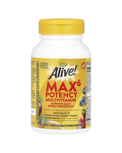 Мультивітаміни підвищеної ефективності без заліза, Alive! Max6 Potency Multivitamin, No Added Iron, Nature's Way, 90 Капсул