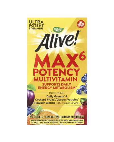 Мультивітаміни підвищеної ефективності без заліза, Alive! Max6 Potency Multivitamin, No Added Iron, Nature's Way, 90 Капсул