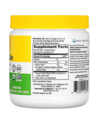 Клетчатка пребиотическая органическая пребиотическая, Completely Clear Organic Prebiotic Fiber, Renew Life, 198 гр