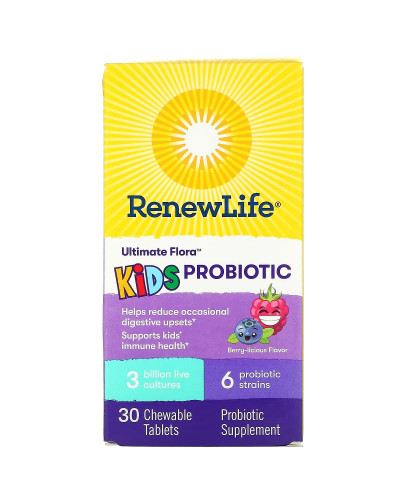 Пробиотик для детей, 3 млрд КОЕ, вкус ягод, Ultimate Flora, Kids Probiotic, Renew Life, 30 жевательных таблеток