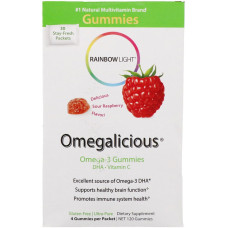Омега-3, Жевательные конфеты со вкусом малины, Omega-3, Rainbow Light, 30 пакетика по 4 конфеты в каждом