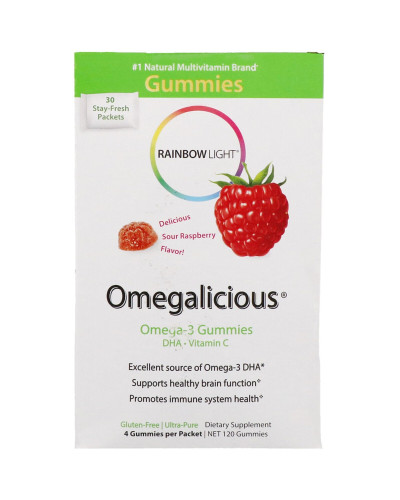 Омега-3, Жувальні конфети зі смаком малини, Omega-3, Rainbow Light, 30 пакетика по 4 конфети в кожному
