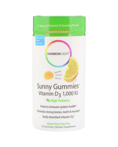 Вітамін D3, смак лимона, Sunny Gummies, Rainbow Light, 1000 МО, 50 жувальних цукерок