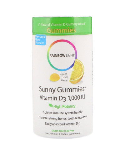 Вітамін D3, смак лимона, Sunny Gummies, Rainbow Light, 1000 МО, 100 жувальних цукерок