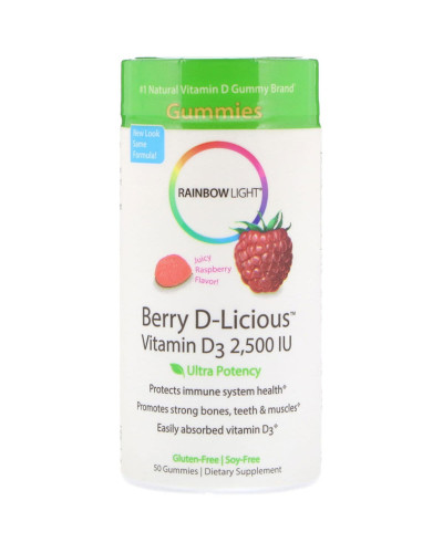 Вітамін D3, смак малини, Berry D-Licious, Rainbow Light 2500 МО, 50 желейних цукерок