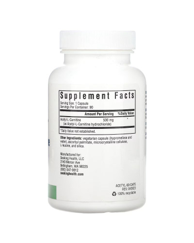 Ацетил-L-Карнитин, 500 мг, Acetyl-L-Carnitine, Seeking Health, 90 вегетарианских капсул