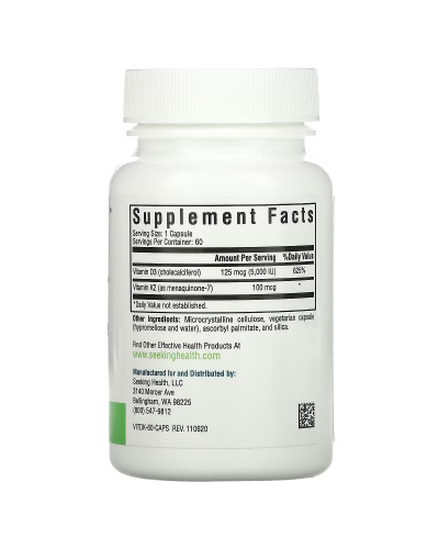 Вітамін D3+K2, 5000 МО та 100 мкг, Vitamin D3+K2, Seeking Health, 60 вегетаріанських капсул