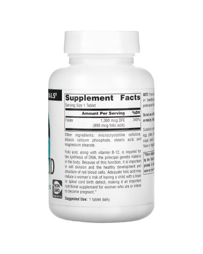 Фолієва кислота, 800 мкг, Folic Acid, Source Naturals, 200 таблеток