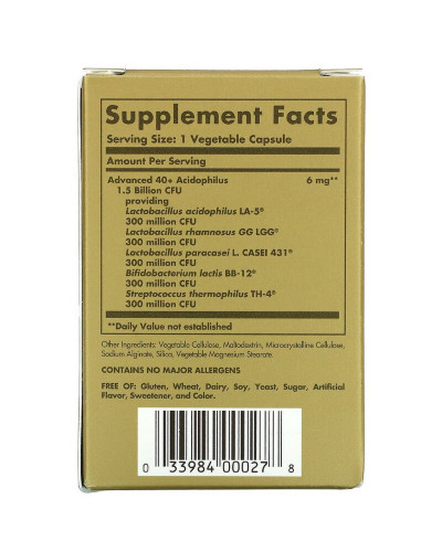 Пробіотики, Advanced 40+ Acidophilus, Solgar, 60 капсул