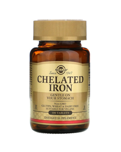 Хелатное железо, Бисглицинат железа, 25 мг, Chelated Iron, Solgar, 100 таблеток