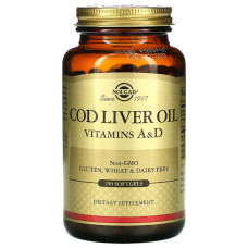 Масло печени Трески с Витаминами A и D, Cod Liver Oil & Vitamins A&D, Solgar, 250 желатиновых капсул