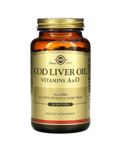 Масло печінки тріски з вітамінами A і D, Cod Liver Oil & Vitamins A & D, Solgar, 250 желатинових капсул