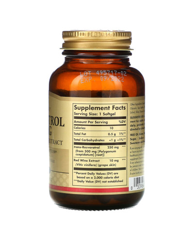 Ресвератрол с Экстрактом Красного Вина, 250 мг, Resveratrol with red Wine Extract, Solgar, 30 гелевых капсул