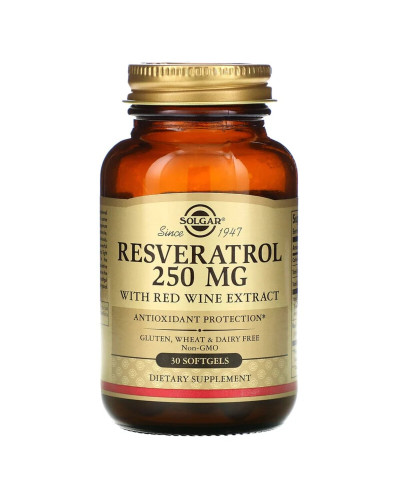Ресвератрол с Экстрактом Красного Вина, 250 мг, Resveratrol with red Wine Extract, Solgar, 30 гелевых капсул