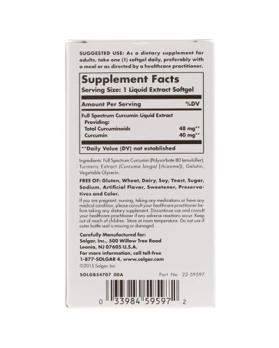 Куркумін, Full Spectrum Curcumin, Solgar, 30 желатинових капсул з рідким екстрактом