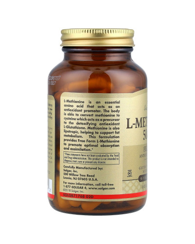 L-Метіонін, 500 мг, L-Methionine, Solgar, 90 вегетаріанських капсул