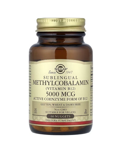 Вітамін B12, Метилкобаламін, 5000 мкг, смак вишні, Sublingual Methylcobalamin, Vitamin B12, Solgar, 60 нагетсів