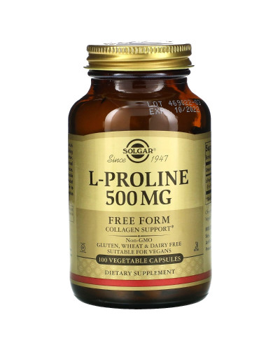 L-Пролін, 500 мг, L-Proline, Solgar, 100 рослинних капсул