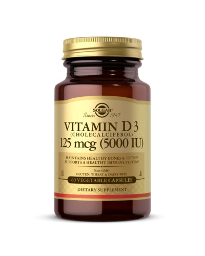 Вітамін D3, Cholecalciferol, 5000 IU, 125 мкг, Solgar, 60 вегетаріанських капсул