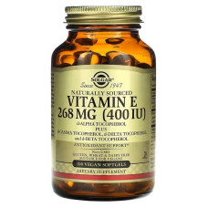 Витамин Е, 268 мг (400 МЕ), Naturally Sourced Vitamin E, Solgar, 100 веганских гелевых капсул