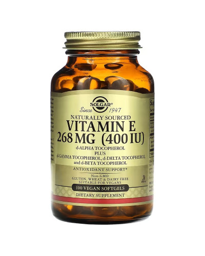 Вітамін Е, 268 мг (400 МО), Naturally Sourced Vitamin E, Solgar, 100 веганських гелевих капсул