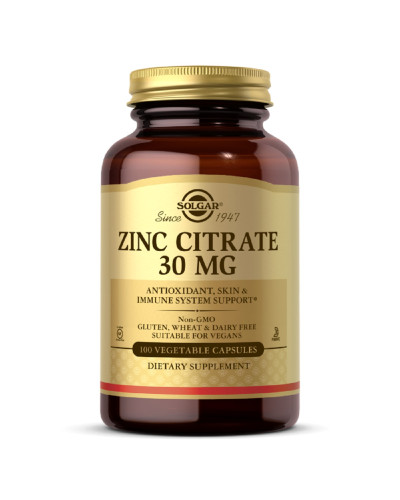 Цинк цитрат, 30 мг, Zinc Citrate, Solgar, 100 вегетаріанських капсул
