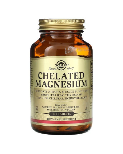 Магній Хелат, 200 мг, Chelated Magnesium, Solgar, 100 таблеток (100 мг у кожній таблетці)
