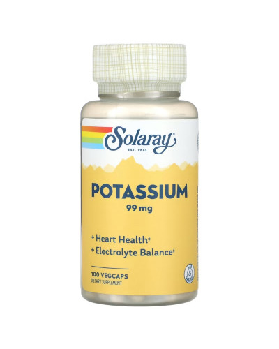 Калий, 99 мг, Potassium, Solaray, 100 вегетарианских капсул.
