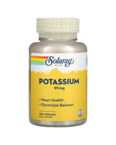 Калий, 99 мг, Potassium, Solaray, 200 вегетарианских капсул