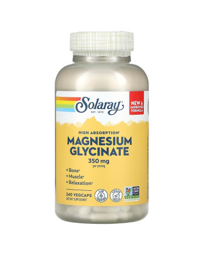 Магний Глицинат высокой усваиваемости, 350 мг, High Absorption Magnesium Glycinate, Solaray, 240 вегетарианских капсул