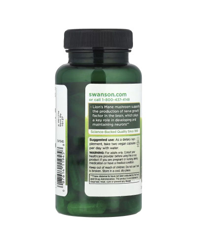 Їжовик гребінчастий, Organic Lion's Mane Mushroom, Swanson, 60 веганських капсул