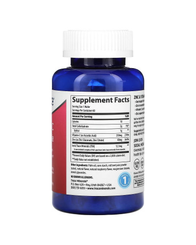 Підтримка імунітету з цинком та вітаміном С, смак малини, Zinc+Vitamin C, Trace Minerals, 60 жувальних таблеток Підтримка імунітету з цинком та вітаміном С, смак малини, Zinc+Vitamin C, Trace Minerals, 60 жувальних таблеток