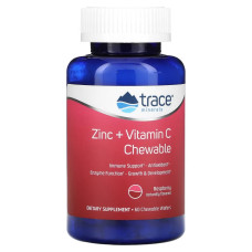 Поддержка иммунитета с цинком и витамином С, вкус малины, Zinc+Vitamin C, Trace Minerals, 60 жевательных таблеток