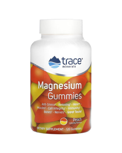 Магній, смак персика, Magnesium Gummies, Trace Minerals, 120 жувальних цукерок