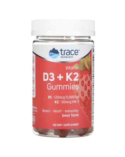 Вітамін D3 і K2, смак полуниці, Vitamin D3 + K2 Gummies, Trace Minerals, 60 жувальних цукерок