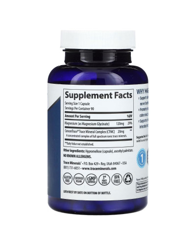 Глицинат магния, 120 мг, Magnesium Glycinate, Trace Minerals, 90 капсул