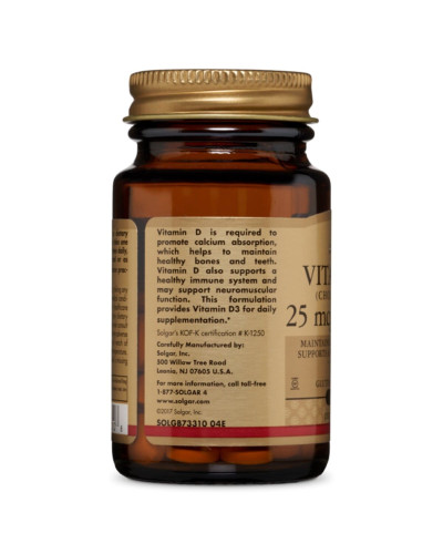 Вітамін D3, Холекальциферол, Cholecalciferol, 25 мкг, 1000 МО, Solgar, 90 таблеток