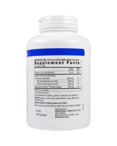 Омега-3, натуральный рыбий жир без запаха, Omega-3, Cholesterol & Circulation, Kyolic, 180 гелевых капсул