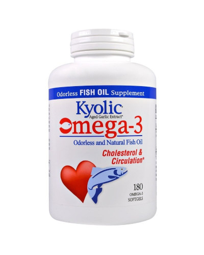 Омега-3, натуральный рыбий жир без запаха, Omega-3, Cholesterol & Circulation, Kyolic, 180 гелевых капсул